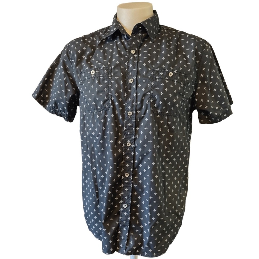 Rustic Blue Shirt Men's Large Geometric Star Print Black‎ Streetwear Edgy Casual